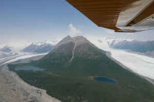 Kennicott glacier on the Left, Wrangell Mt middle, Root Glacier on the Right which flows alongside the Kennicott mine. 